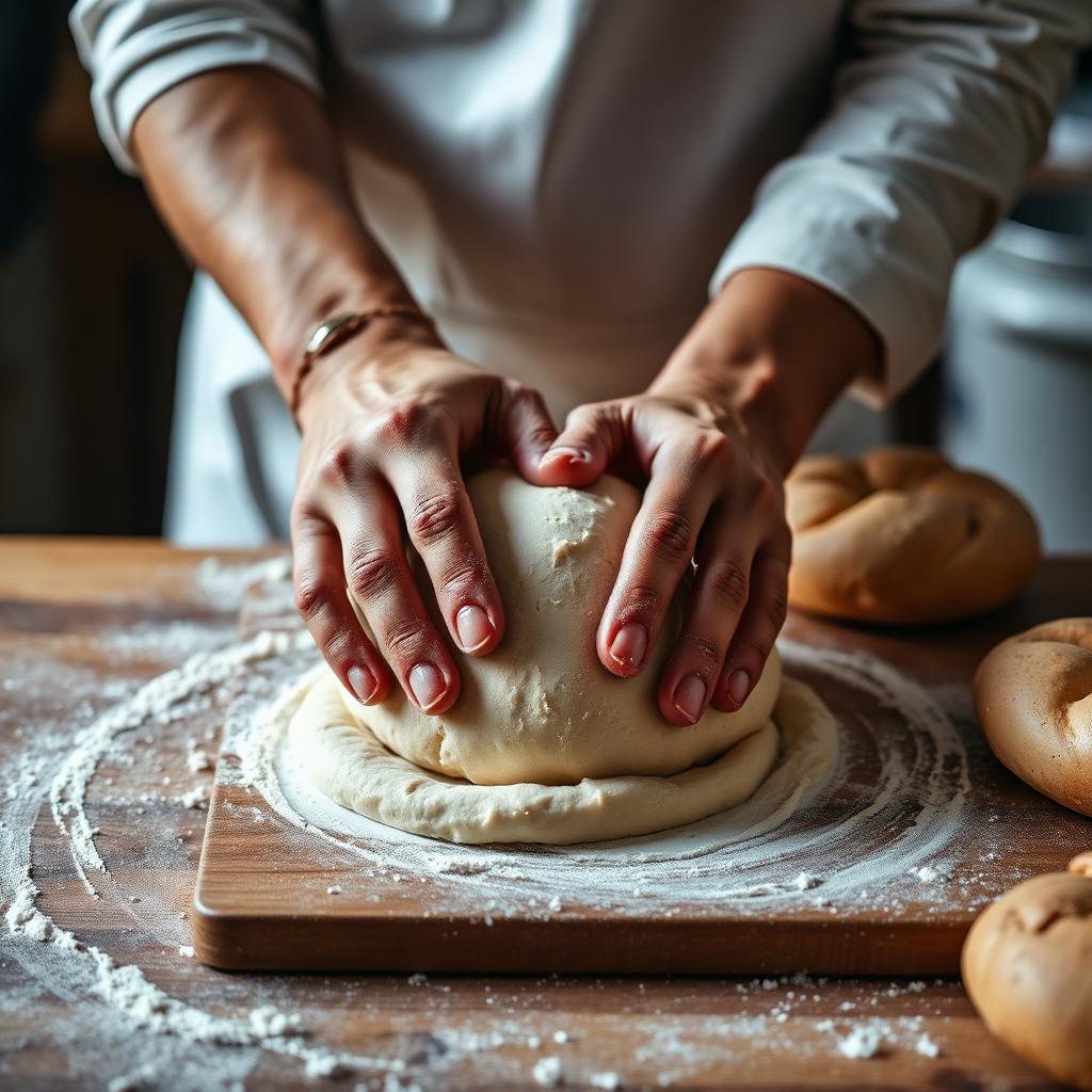 Baker kneading dough by hand