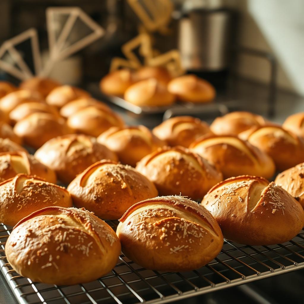 Fresh buns cooling on wire rack