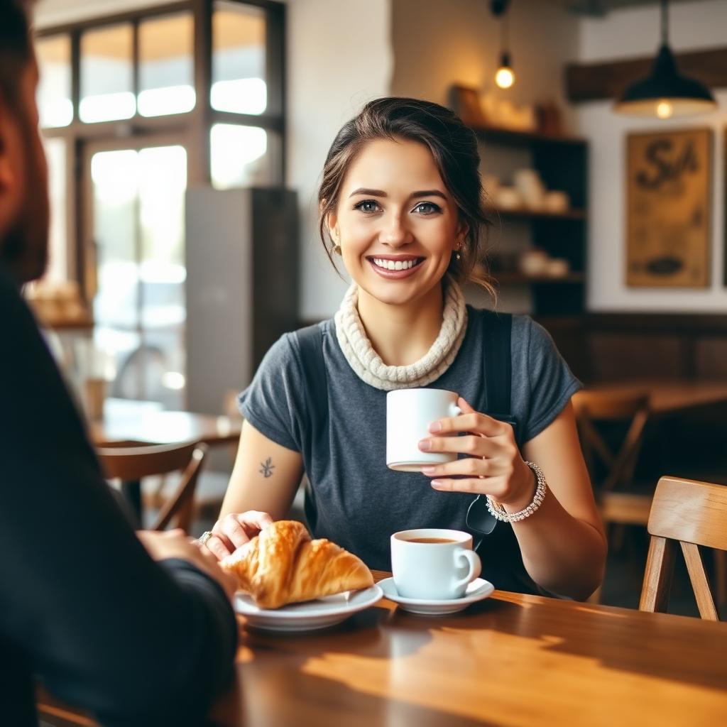 Happy customer enjoying coffee and croissant