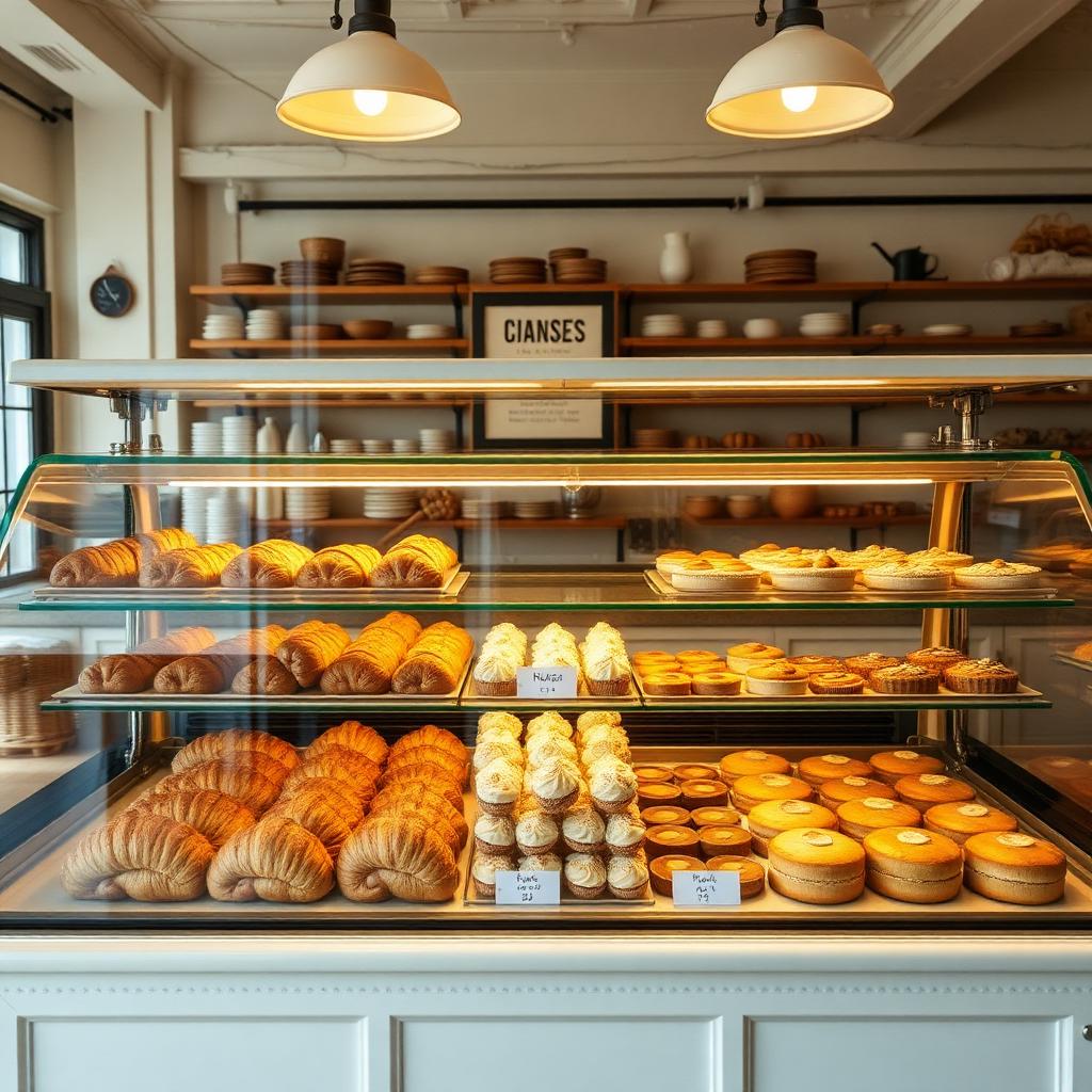 Elegant pastry case in bakery