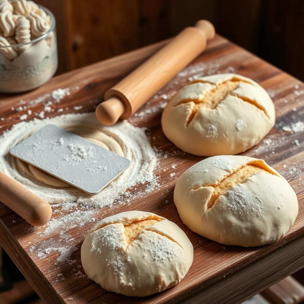 Flour-dusted wooden workspace with tools