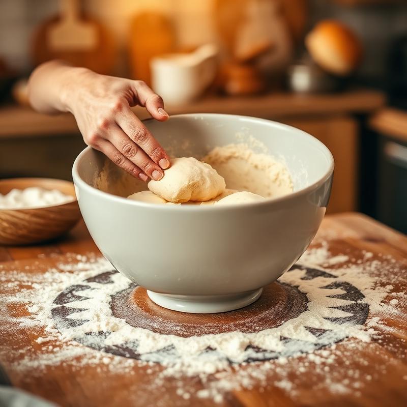 Mixing dough by hand in ceramic bowl