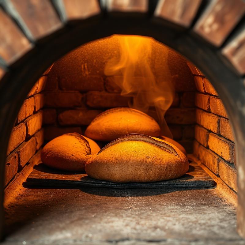 Golden loaves baking in brick oven