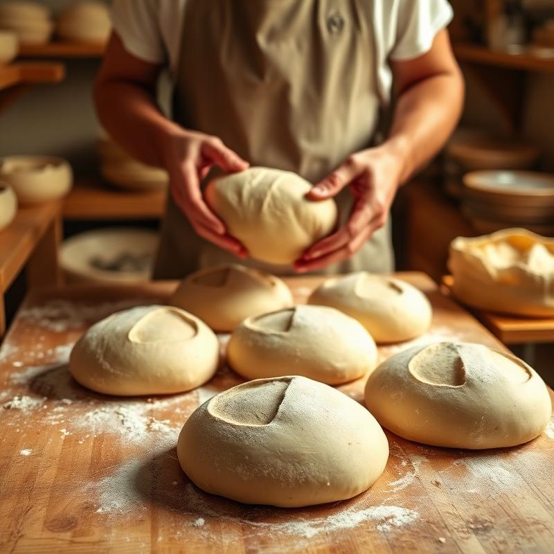 Shaping sourdough loaves on floured table