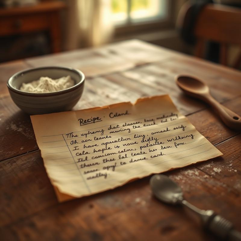 Old handwritten family recipe card on a vintage wooden kitchen table